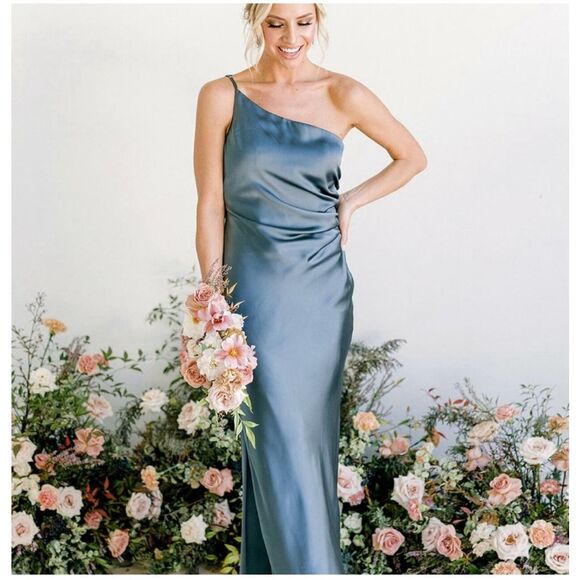 Revelry Jade Satin‎ Charmeuse One -Shoulder Maxi Dress French Blue 2 - Picture 1 of 16